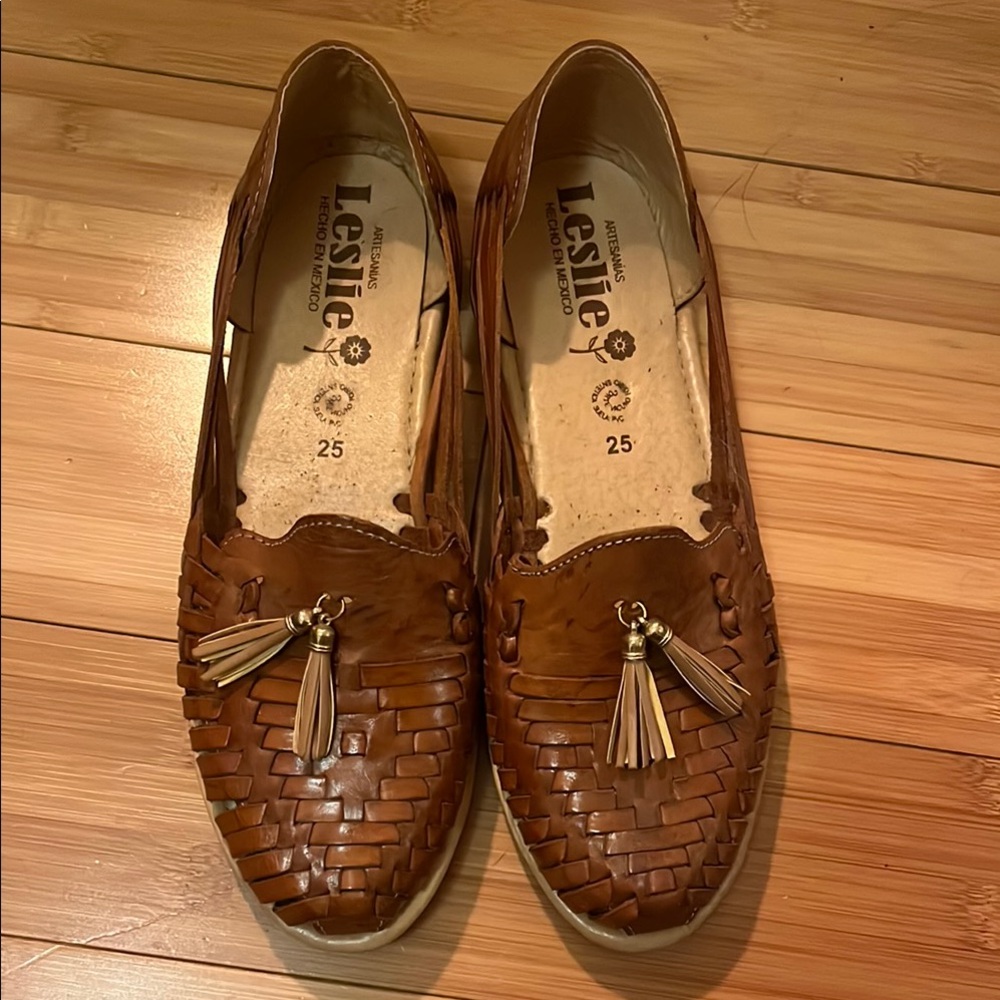 Brown Woven Leather Loafers with Tassels